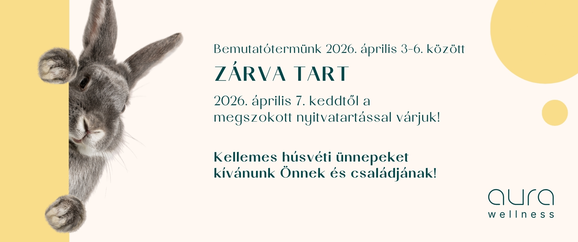 Aura Wellness bemutatóterem húsvéti nyitvatartás 2026. április 3-6.