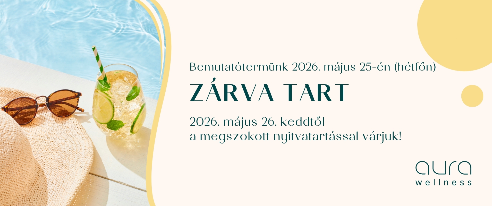 Aura Wellness bemutatóterem ünnepi nyitvatartás 2026. május 25.